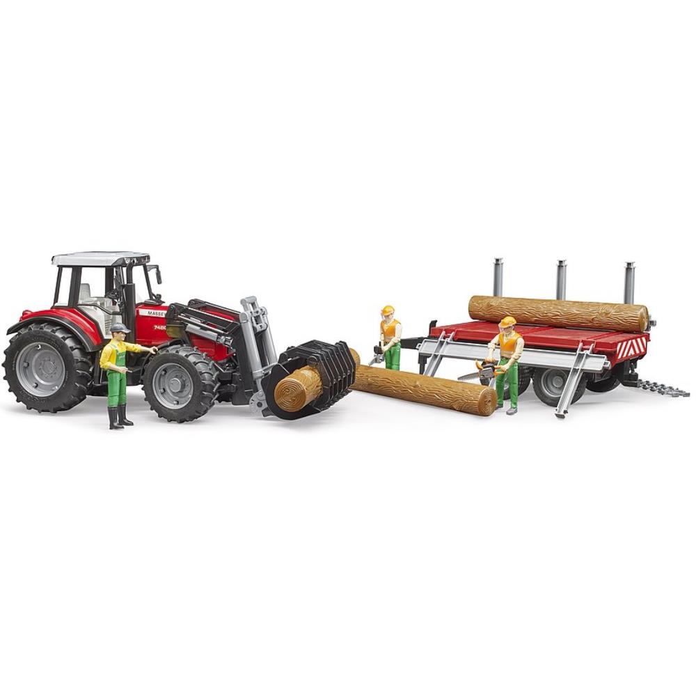 Bruder Massey Ferguson 7480 mit Frontlader, Holztransportanhänger & Baumstämmen