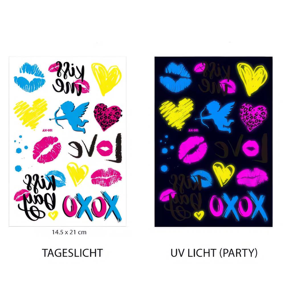 Fluoreszierende Tattoos Party Love