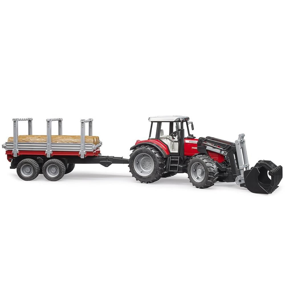 Bruder Massey Ferguson 7480 mit Frontlader, Holztransportanhänger & Baumstämmen