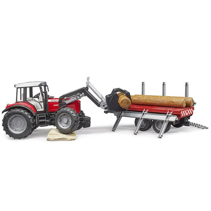 Bruder Massey Ferguson 7480 mit Frontlader, Holztransportanhänger & Baumstämmen